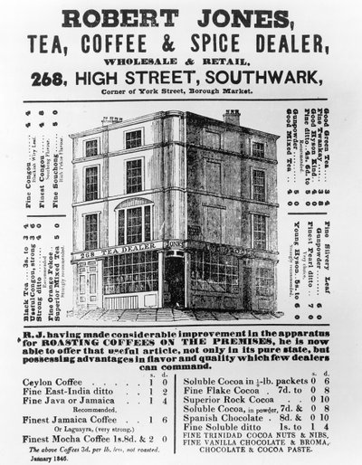 Advertisement for Robert Jones, Tea, Coffee and Spice Dealer, January 1845 by English School